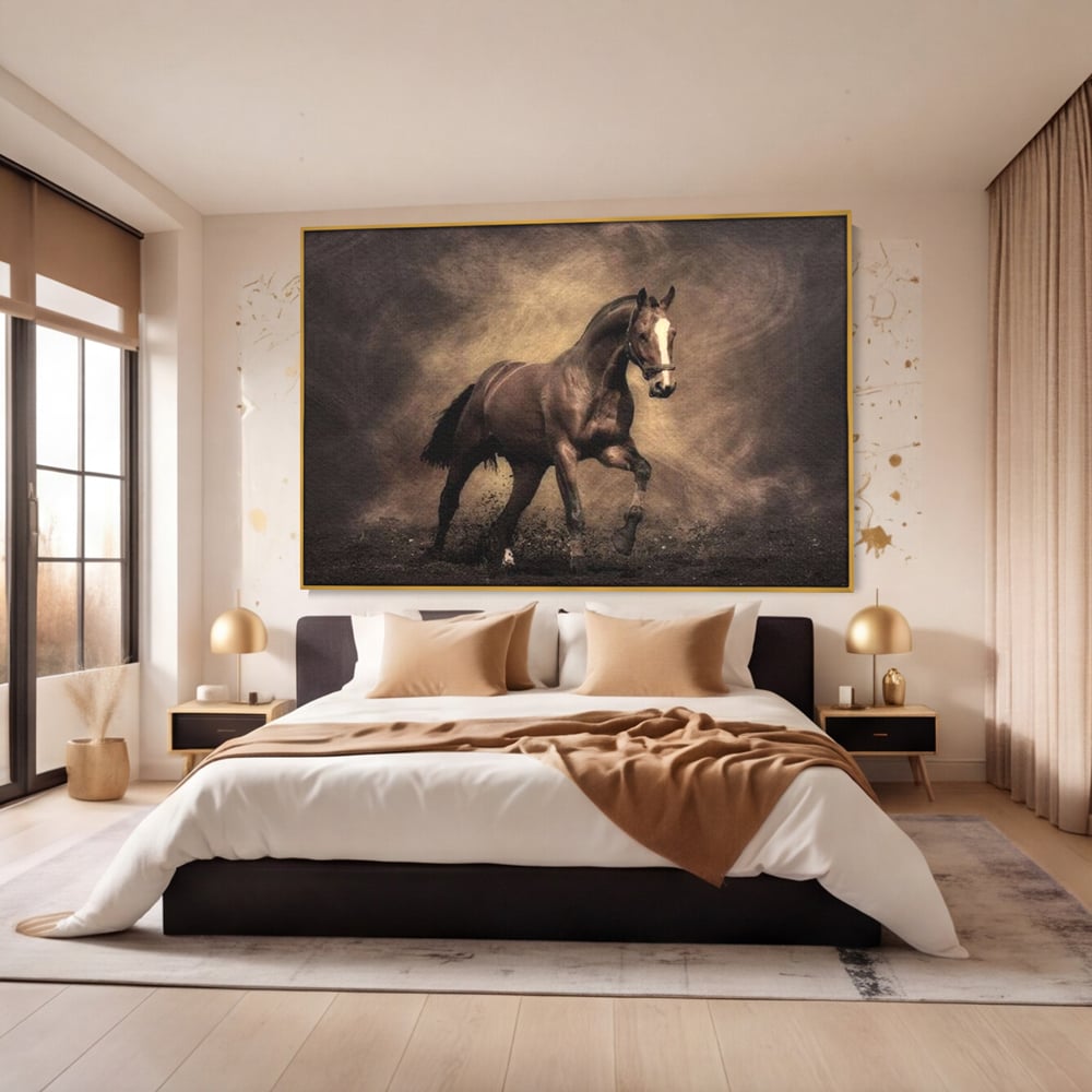 Tablou canvas cu tablou canvas cu cal maro in galop, in rama de aluminiu auriu, pe perete intr-un dormitor